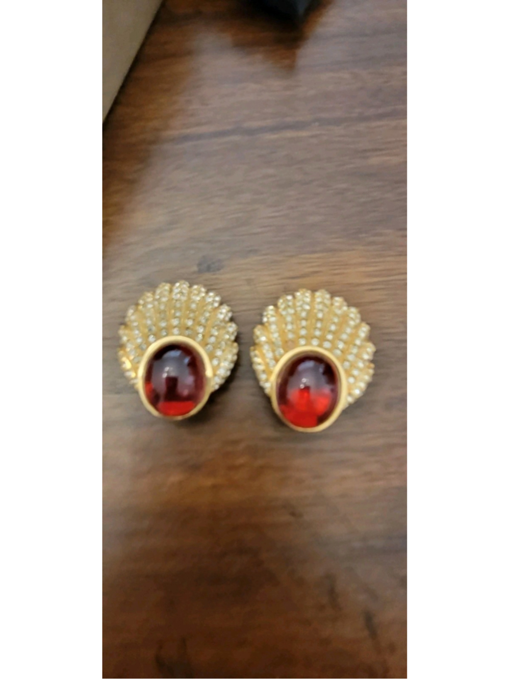 Signed Ciner Vintage Clip On Earrings Red Glass Cabochon Pave Rhinestone Gold